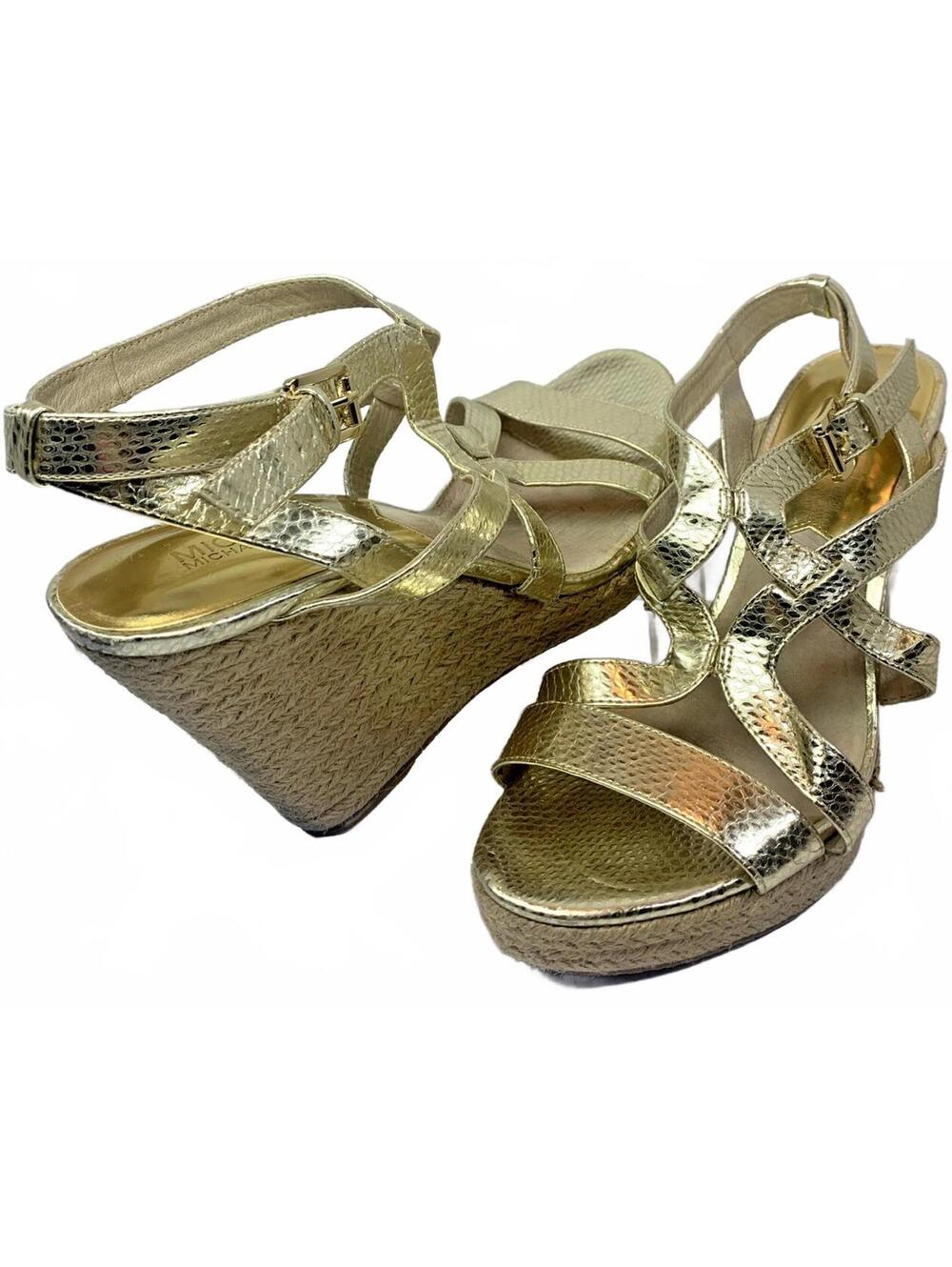Michael Kors Gold Strappy Espadrille Wedge Sandals Raffia Sides Size US 10/EU 40